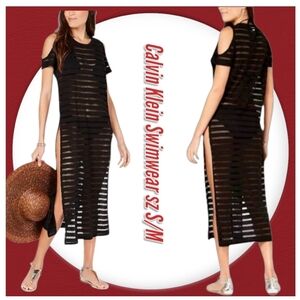 Calvin Klein Crochet Striped Cold-Shoulder Black Swinsuit Cover-Up